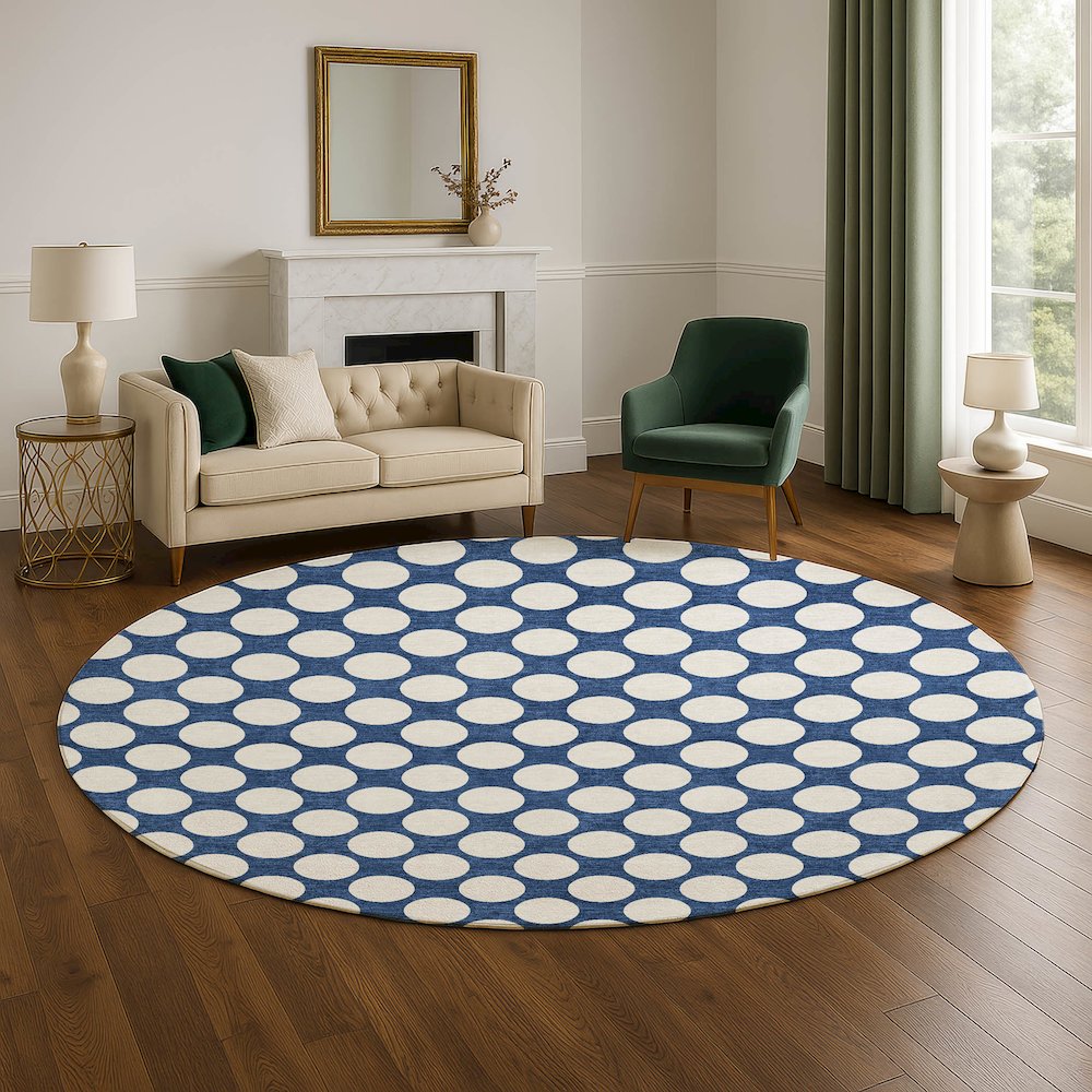 Luxury Washable Indoor/Outdoor The Reserve Navy 8' x 8' Round Rug. Picture 5