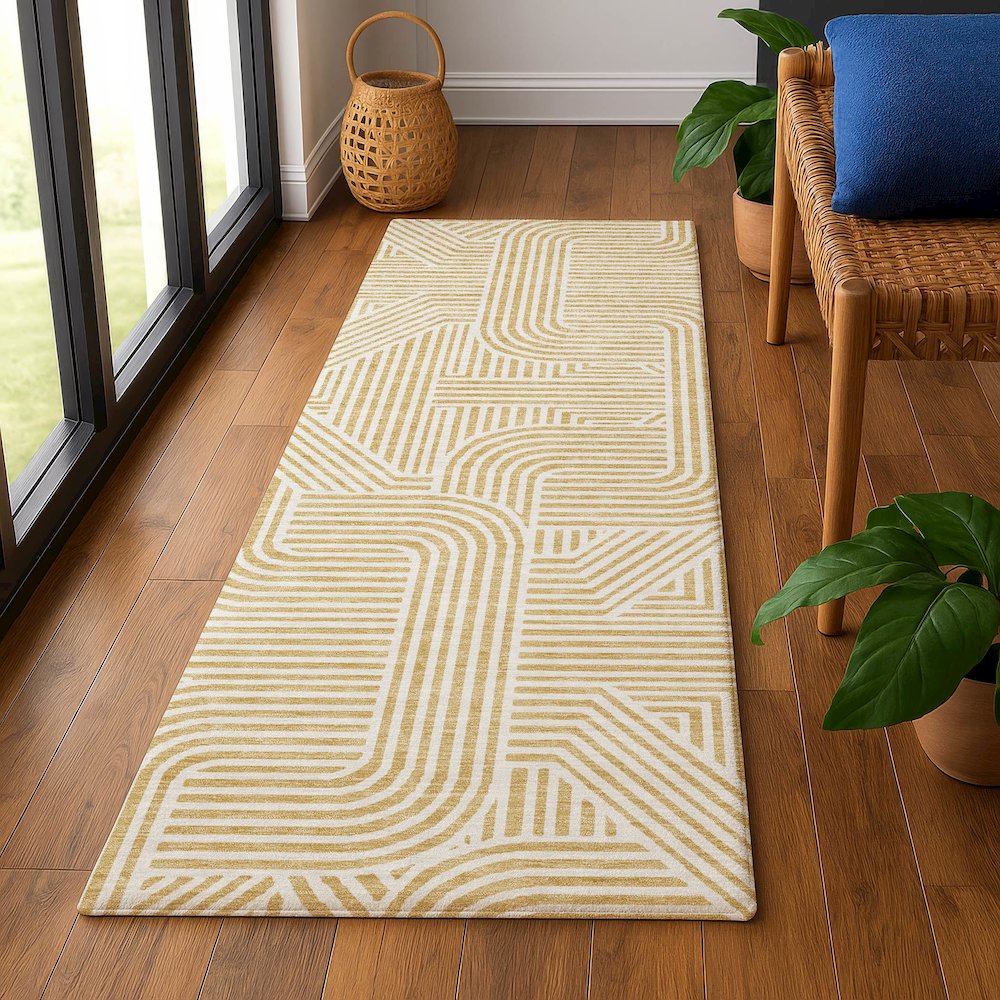 Luxury Washable Indoor/Outdoor The Reserve Gold 2'3" x 7'6" Runner Rug. Picture 5