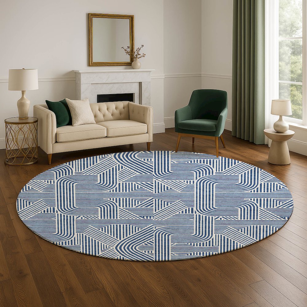 Luxury Washable Indoor/Outdoor The Reserve Navy 8' x 8' Round Rug. Picture 5