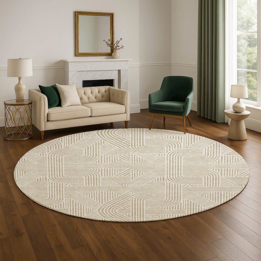 Luxury Washable Indoor/Outdoor The Reserve Putty 8' x 8' Round Rug. Picture 5