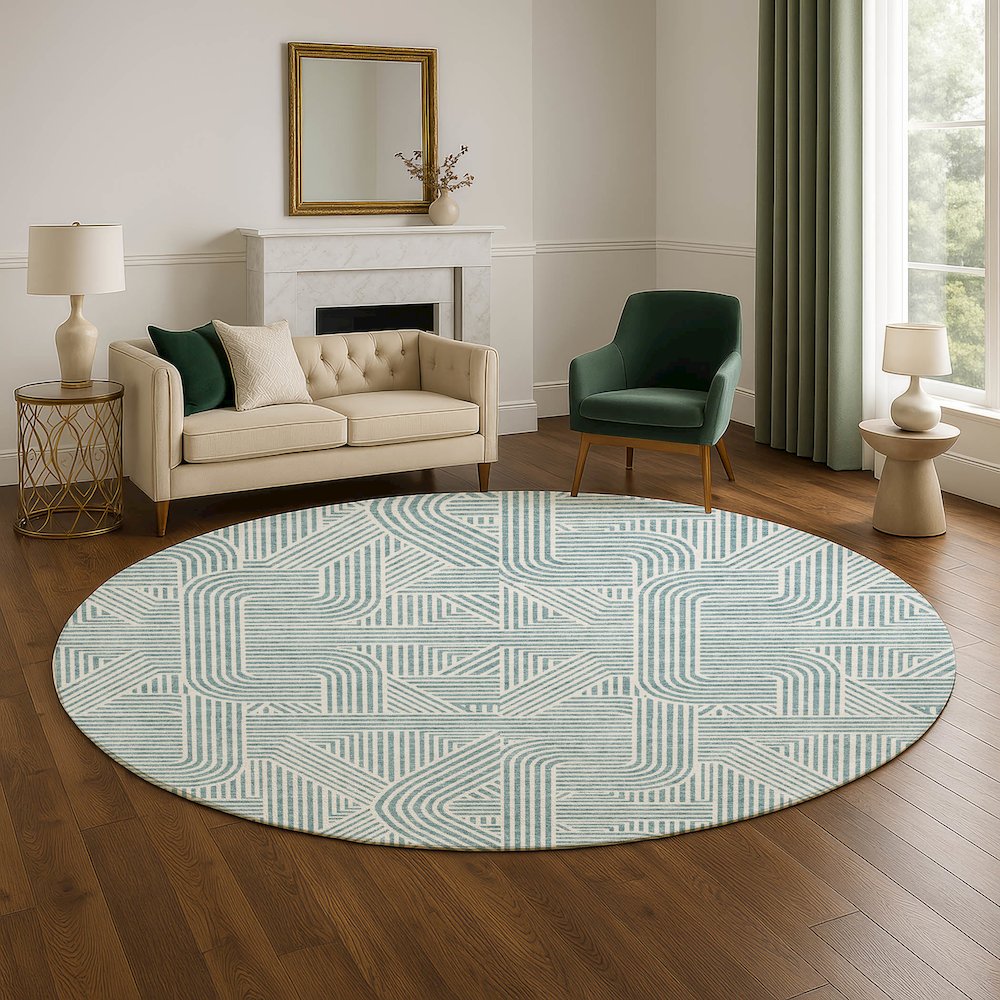 Luxury Washable Indoor/Outdoor The Reserve Teal 8' x 8' Round Rug. Picture 5