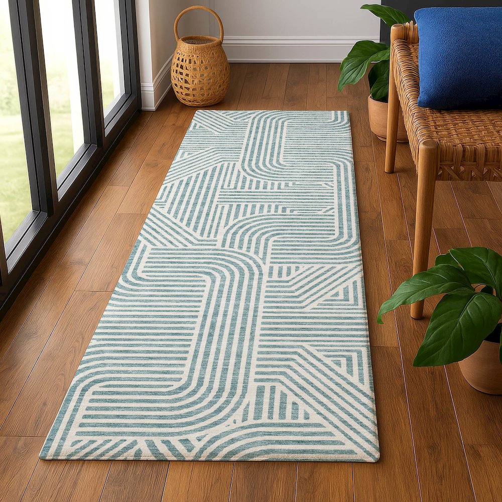 Luxury Washable Indoor/Outdoor The Reserve Teal 2'3" x 7'6" Runner Rug. Picture 5