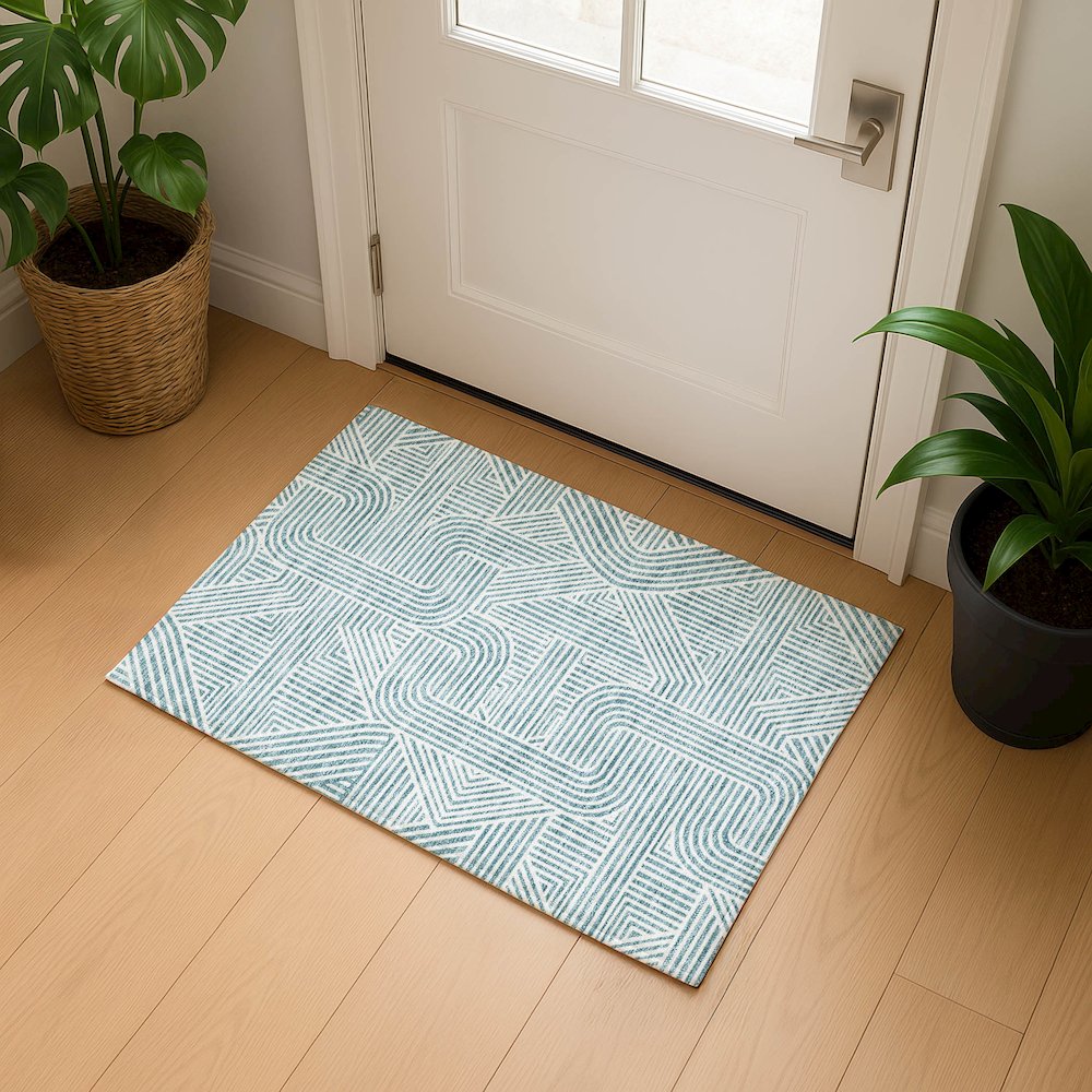 Luxury Washable Indoor/Outdoor The Reserve Teal 1'8" x 2'6" Rug. Picture 5