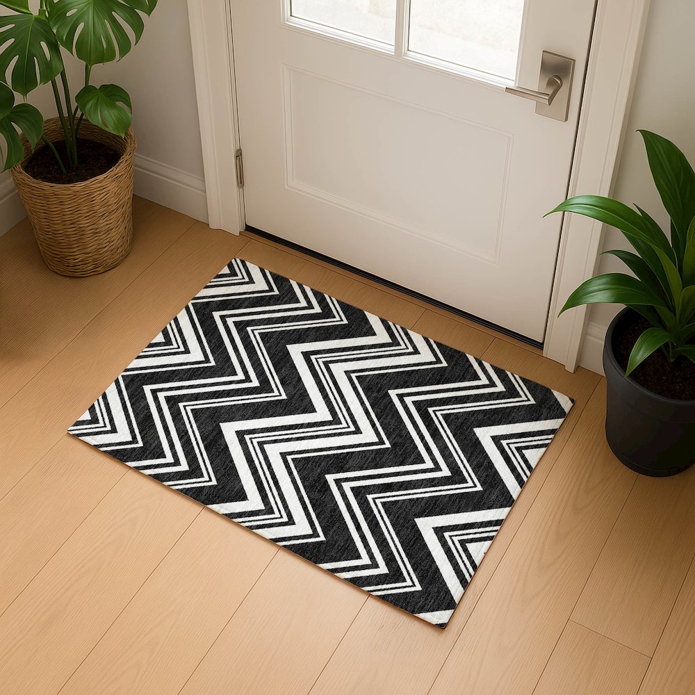 Luxury Washable Indoor/Outdoor The Reserve Black 1'8" x 2'6" Rug. Picture 5