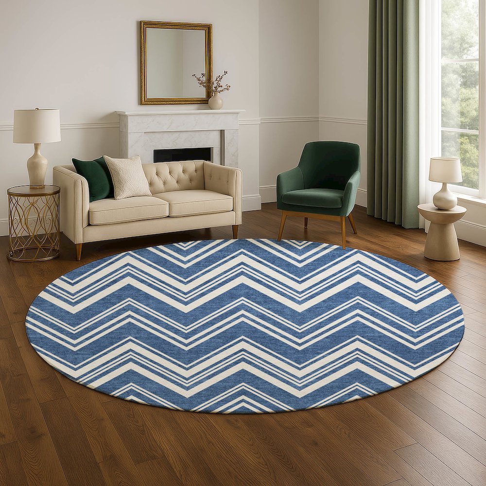 Luxury Washable Indoor/Outdoor The Reserve Blue 8' x 8' Round Rug. Picture 5