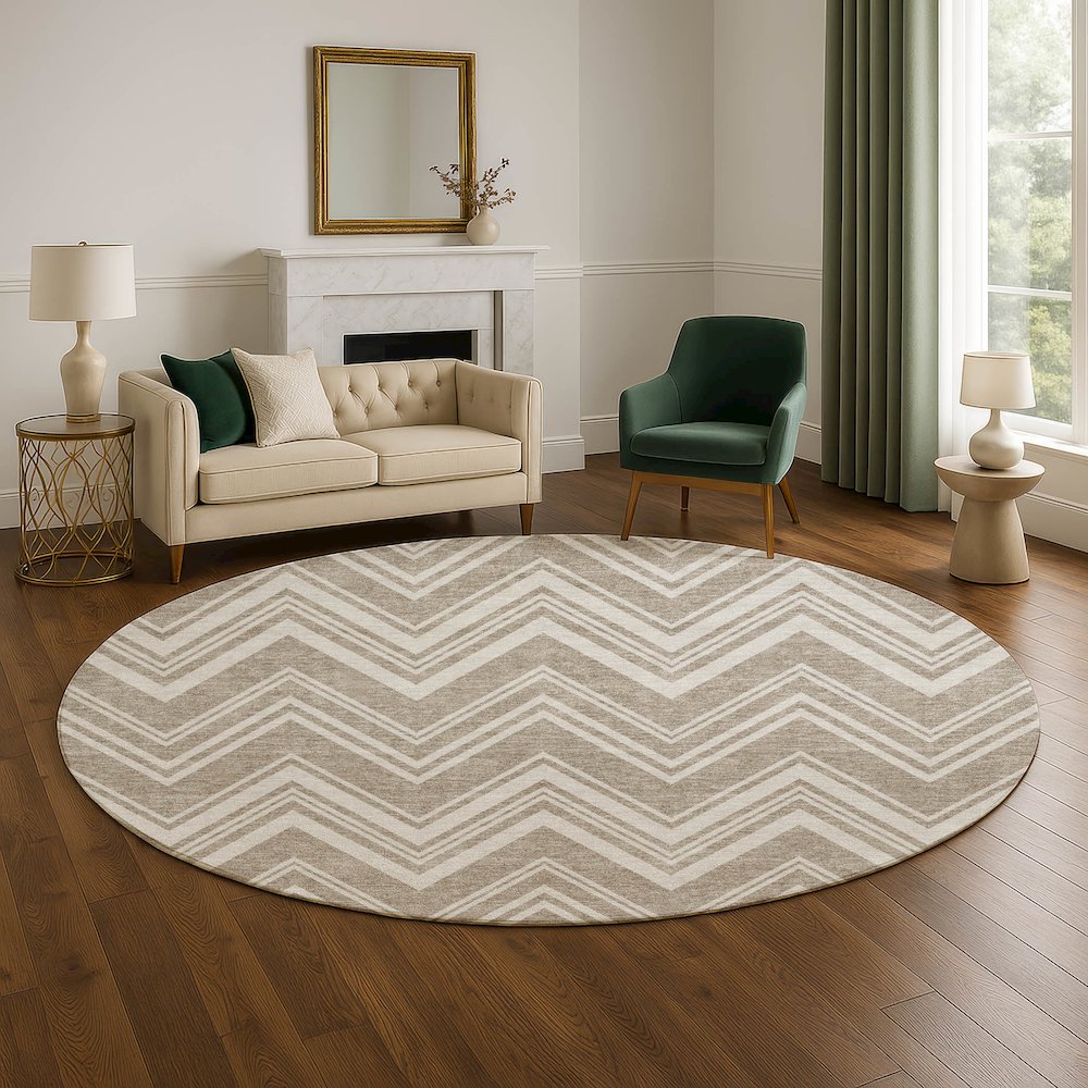 Luxury Washable Indoor/Outdoor The Reserve Khaki 8' x 8' Round Rug. Picture 5