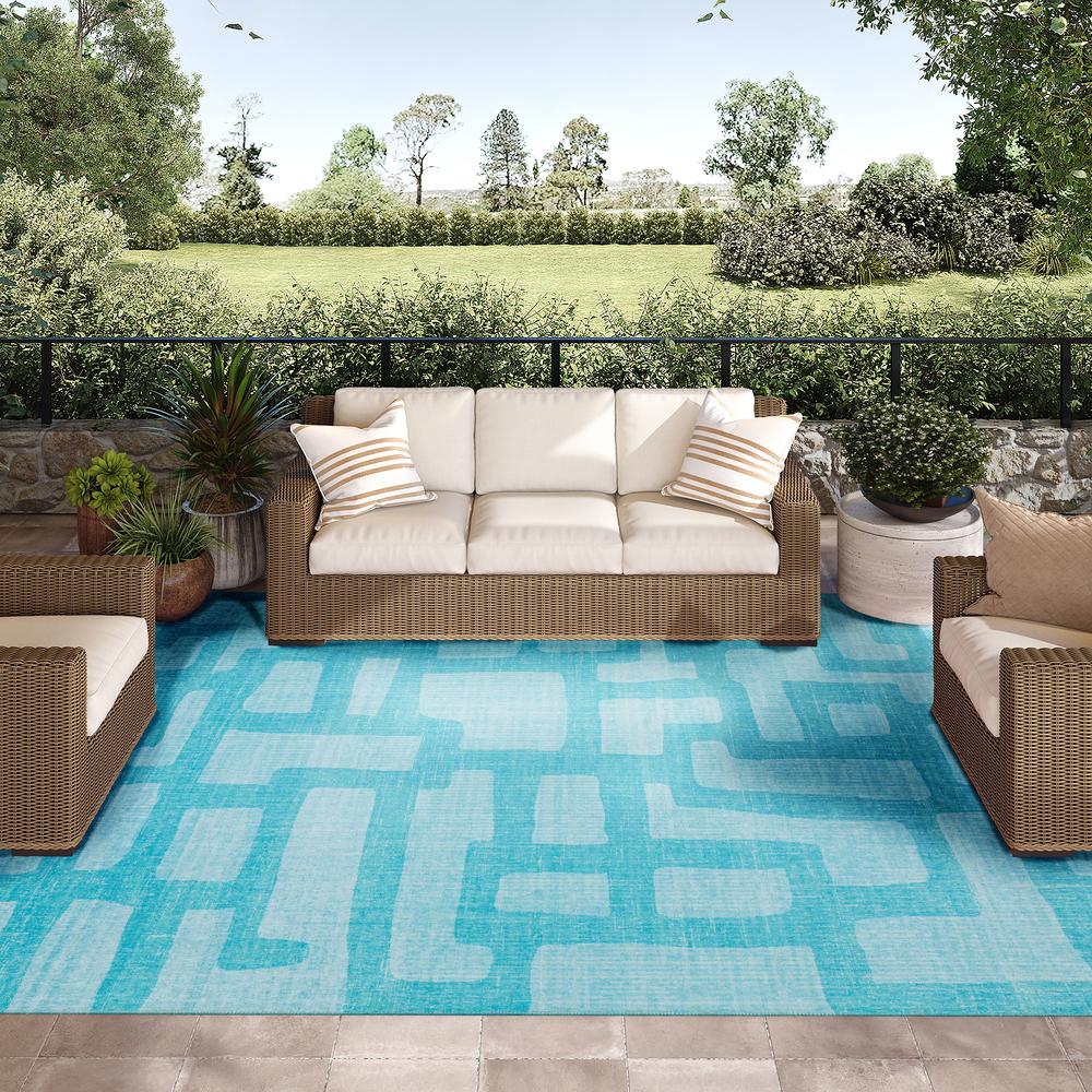 Yuma Turquoise Contemporary Geometric 10' x 14' Area Rug Turquoise AYU34. Picture 1