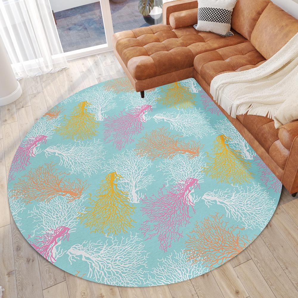 Indoor/Outdoor Surfside ASR33 Aqua Washable 8' x 8' Round Rug. Picture 2