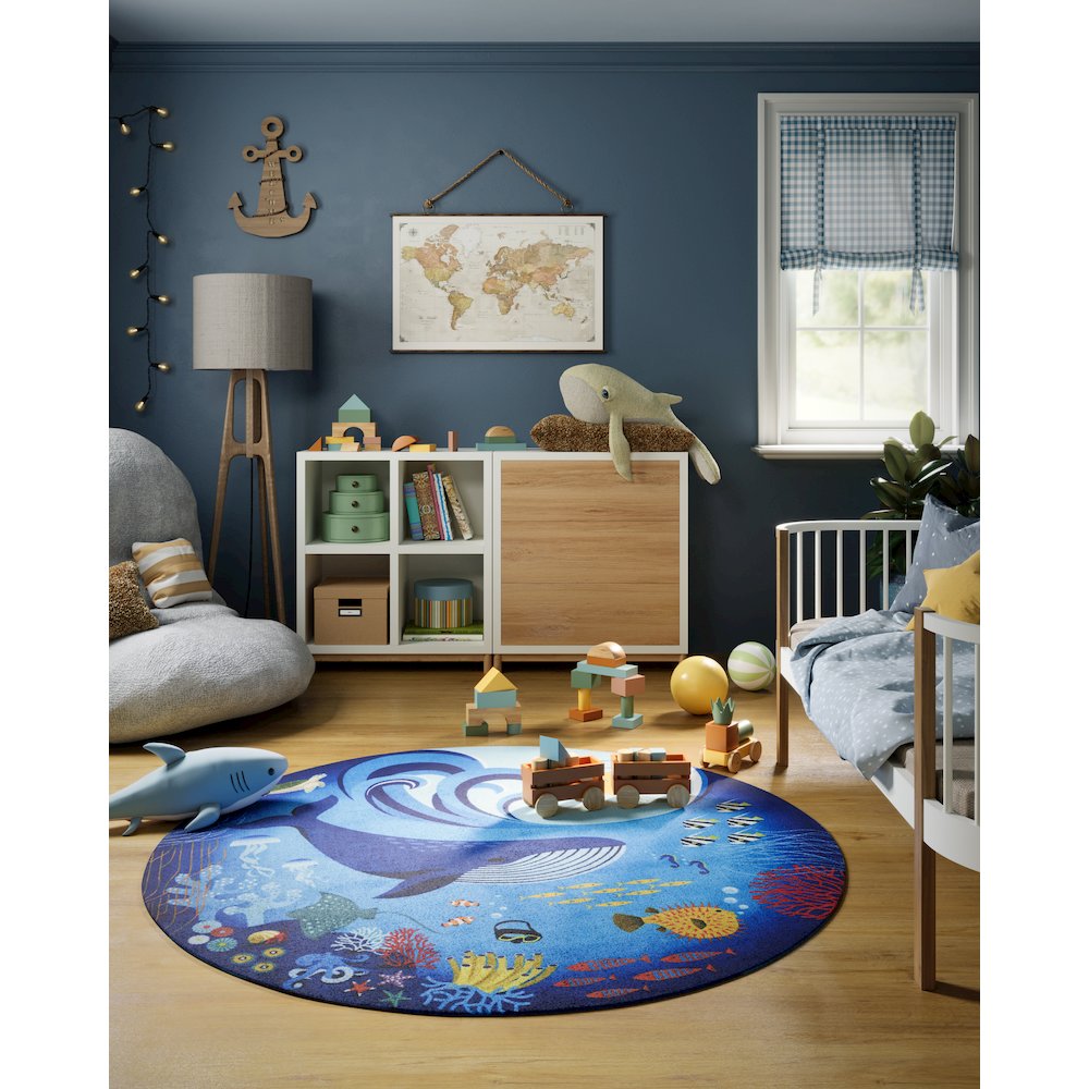 Playground Ocean Blue Kid Rug 4' X 4' Round. Picture 11