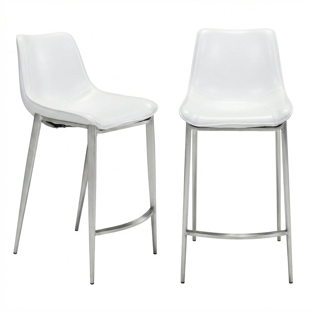 White Counter Chairs Set of 2 with Brushed Stainless Accents, Modern Design. Picture 1