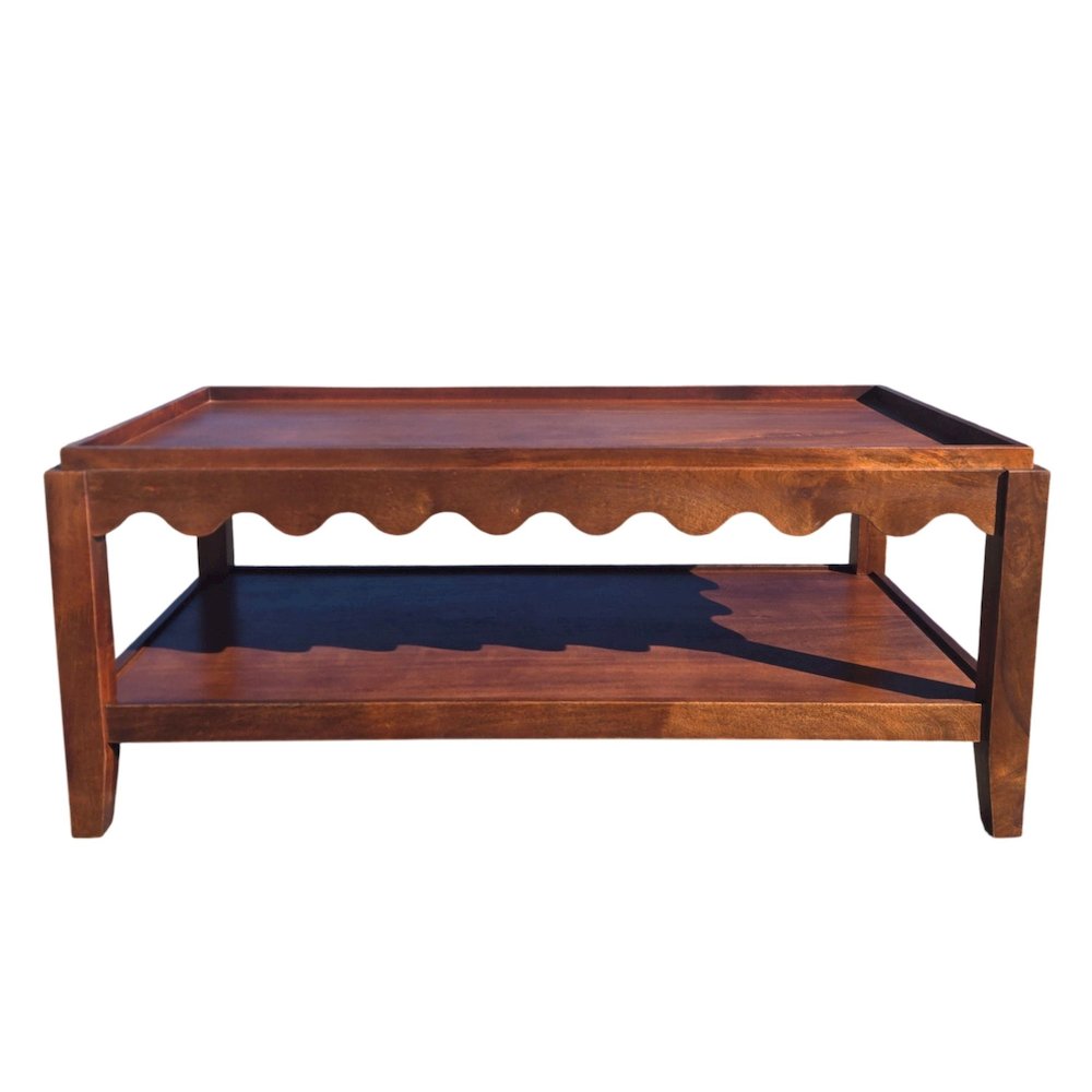Scallop Coffee Table - Rectangular Mango Wood Side Table - Lower Shelf. Picture 5