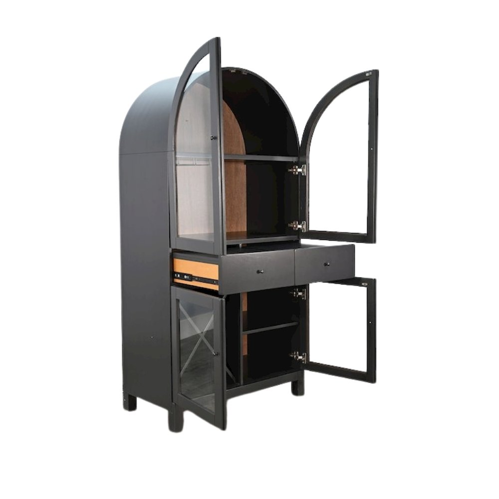 Black Solid Wood Bar Cabinet, Arched Liquor Cabinet with Glass Doors. Picture 2
