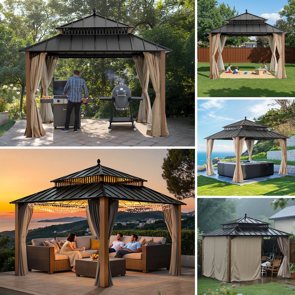 12 ft x 12 ft Aluminum Frame Steel Double Roof Hardtop Rectangular Gazebo. Picture 3