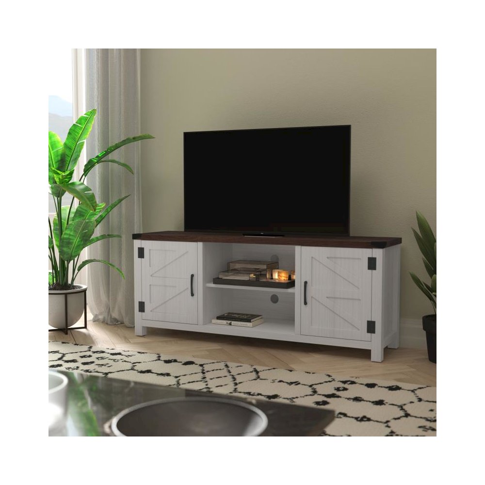 Modern Farmhouse Barn Door TV Stand in White for TV's up to 65 Inches - 59 Inch Entertainment Center with Adjustable Shelf. Picture 2