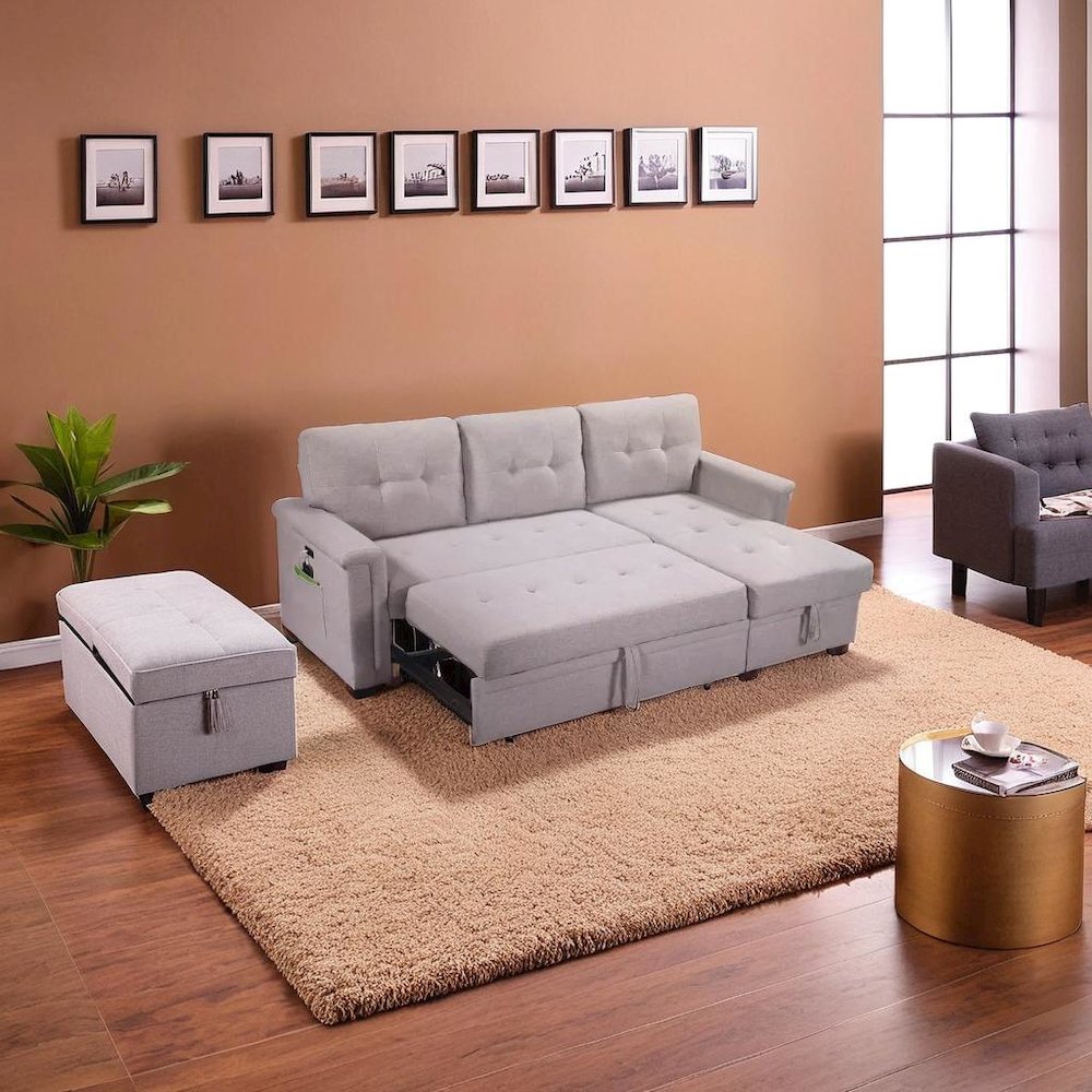 Contemporary Gray Reversible Sleeper Sectional Sofa with Storage and USB Ports. Picture 6
