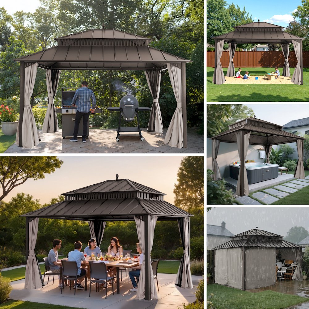 14 ft x 12 ft Aluminum Frame Steel Double Roof Hardtop Rectangular Gazebo, Brown. Picture 2