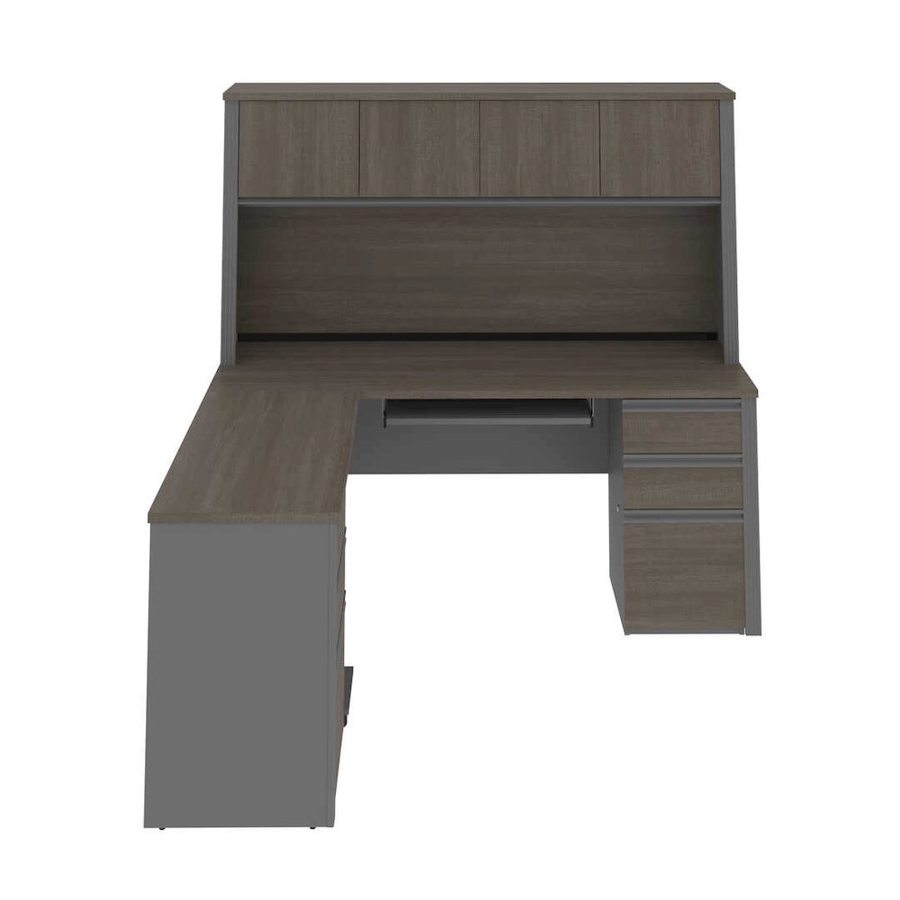 Modern L-Shaped Office Desk with Two Pedestals and Hutch. Picture 2