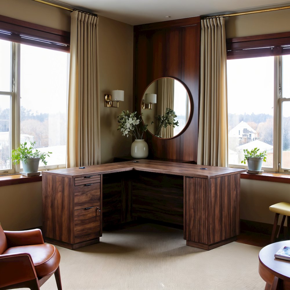 Spiced Mahogany L-Shaped Desk with Shelves, Ideal for Home Office Corner. Picture 3