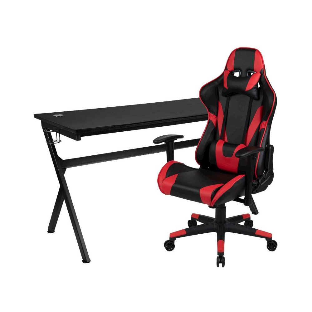 Gaming Desk and Red/Black Reclining Gaming Chair Set /Cup Holder/Headphone Hook/Removable Mouse Pad Top - Wire Management. Picture 1