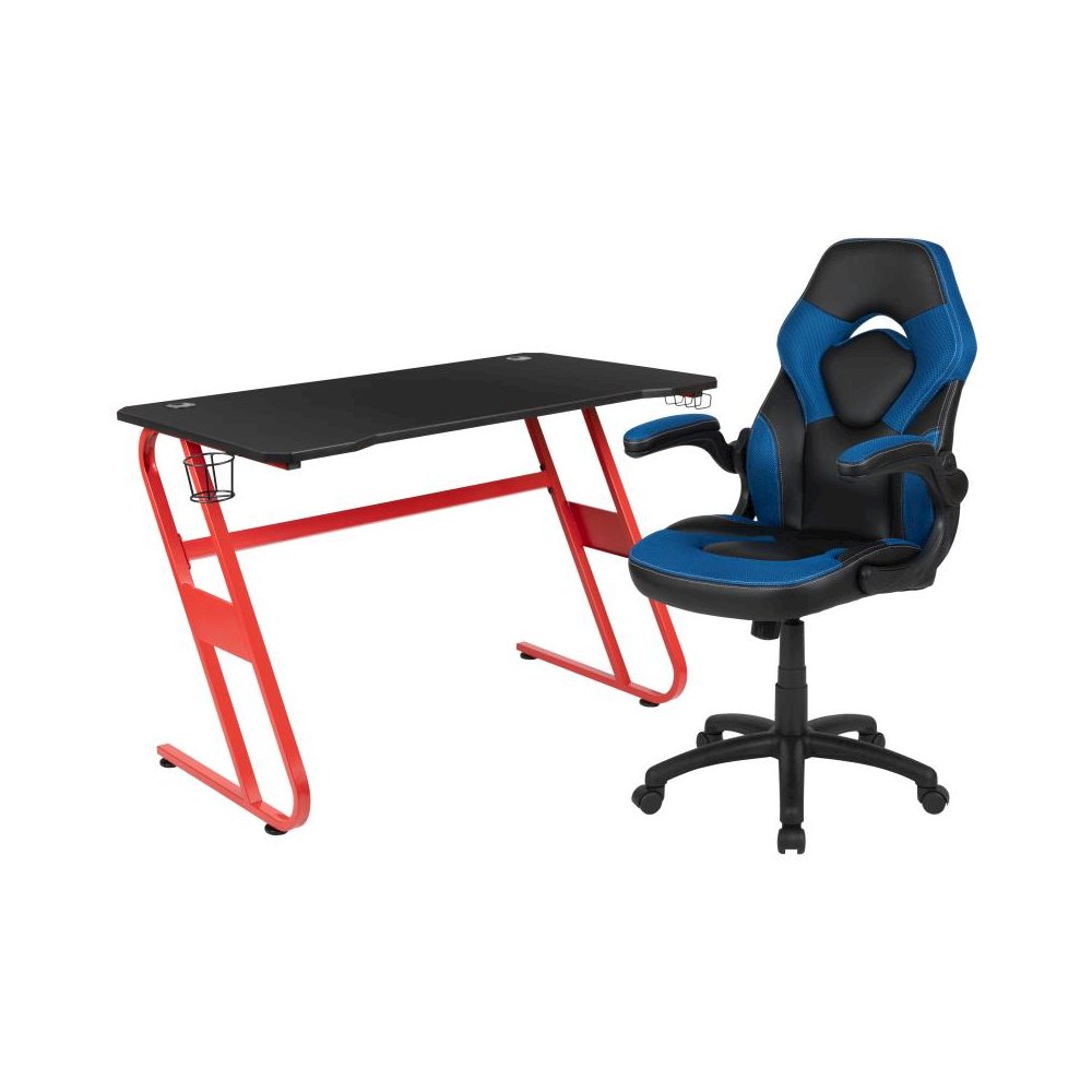 Red Gaming Desk and Blue/Black Racing Chair Set with Cup Holder and Headphone Hook. Picture 1