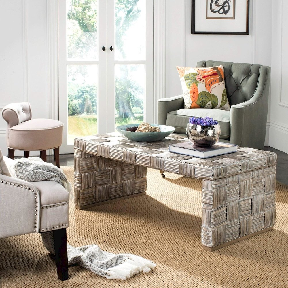 Home Collection Adkin White Rattan Rectangle Coffee Table. Picture 5