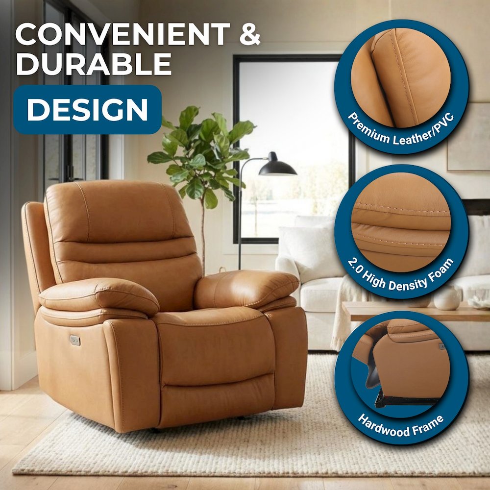 Leather Power Recliner Chair, Top Grain Upholstery, USB & USB-C, 360 lb Support. Picture 5
