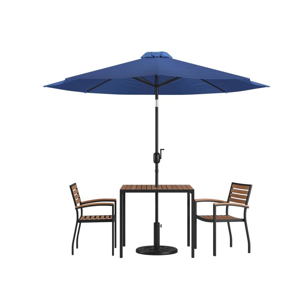5 Piece Outdoor Patio Table Set with 2 Synthetic Teak Stackable Chairs, 35" Square Table, Navy Umbrella & Base. Picture 1