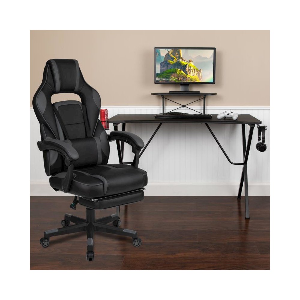 Black Gaming Desk with Cup Holder/Headphone Hook/Monitor Stand & Black Reclining Back/Arms Gaming Chair with Footrest. Picture 2