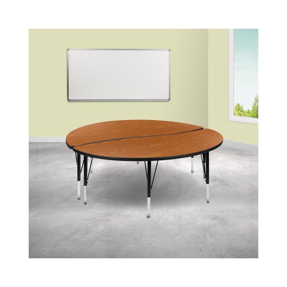 2 Piece 60" Circle Wave Flexible Oak Thermal Laminate Activity Table Set - Height Adjustable Short Legs. Picture 2