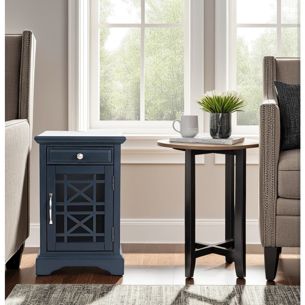 Blue Acacia End Table with USB Charging Station for Convenient Living Room Use. Picture 2