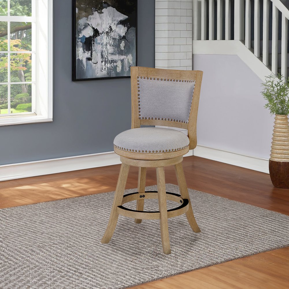 Melrose Grey Fabric Swivel Counter Stool - Driftwood Wire-Brush Finish. Picture 2
