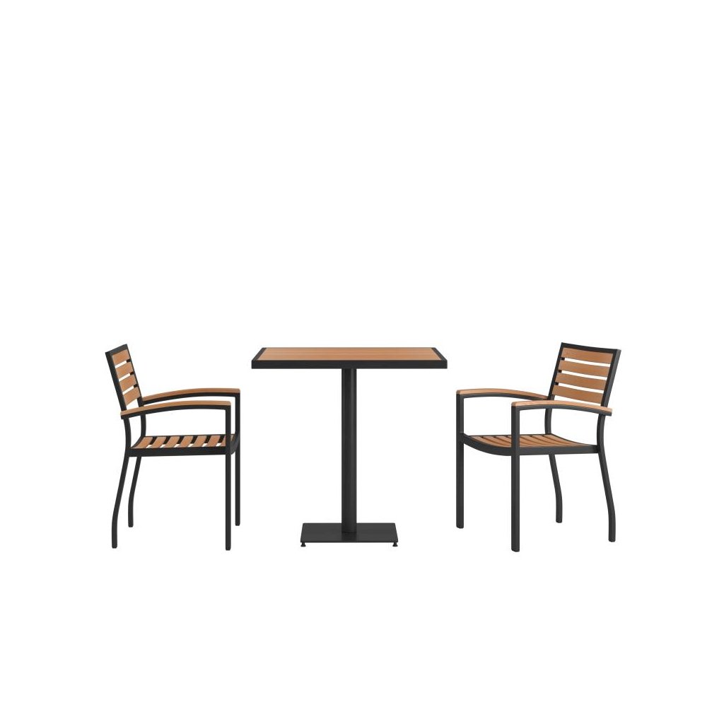 Indoor/Outdoor 3 Piece Patio Dining Table Set with 30" Square Faux Teak Table & 2 Stacking Club Chairs with Teak Accented Arms. Picture 1
