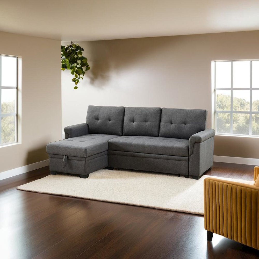 Stylish Reversible Sleeper Sectional Sofa with Storage Chaise in Dark Gray. Picture 7