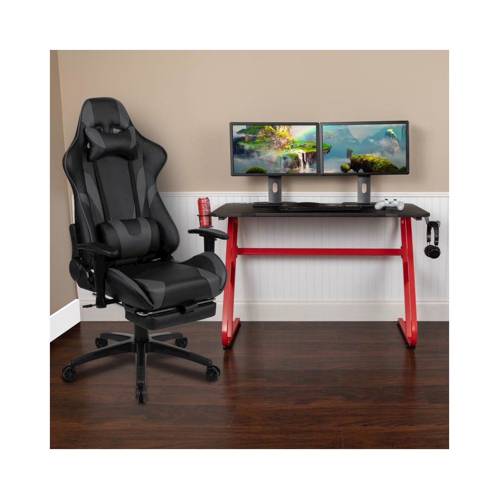 Red Gaming Desk with Cup Holder/Headphone Hook & Gray Reclining Gaming Chair with Footrest. Picture 2