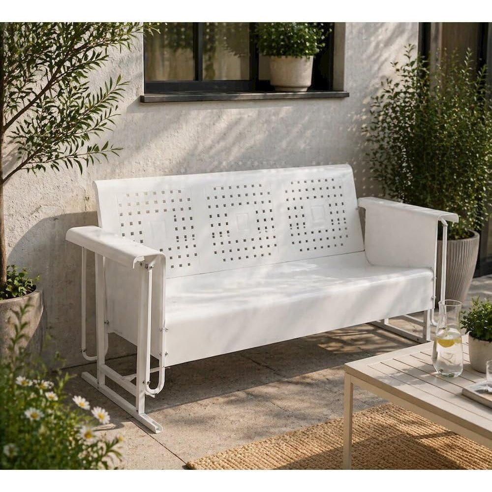 White outdoor sofa glider with anti-tip hardware and 3-seat capacity. Picture 2