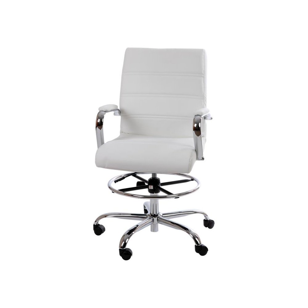 Mid-Back White LeatherSoft Drafting Chair with Adjustable Foot Ring and Chrome Base. Picture 1