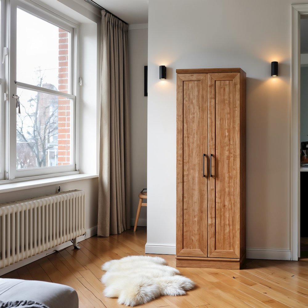 Brown Storage Cabinet with Doors and Shelves for Home Organization. Picture 4