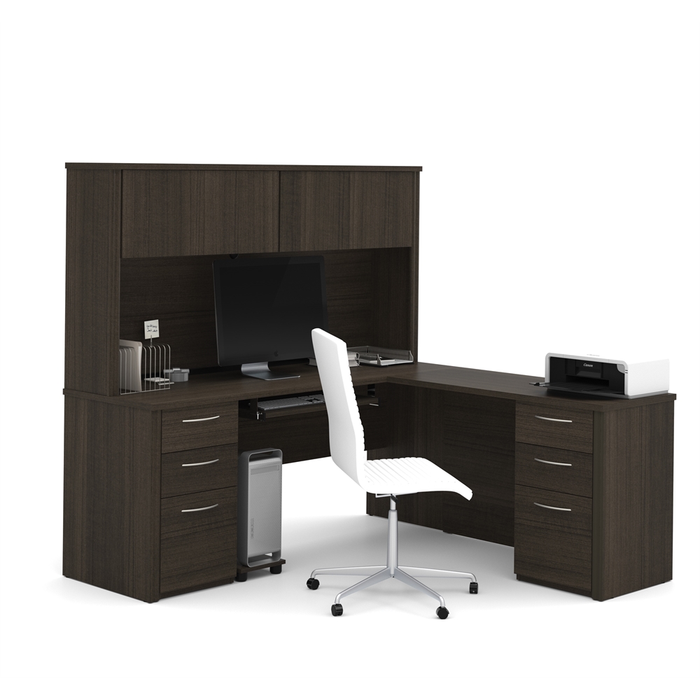 L-Shaped Desk with Hutch and 2 Pedestals. Picture 1