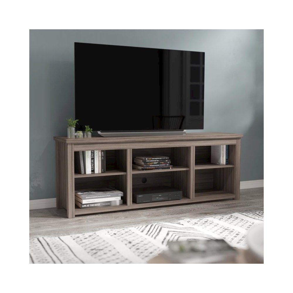 Farmhouse TV Stand up to 80" TVs - 65" Engineered Wood Framed Media Console with Open Storage in Gray Wash Oak Finish. Picture 2