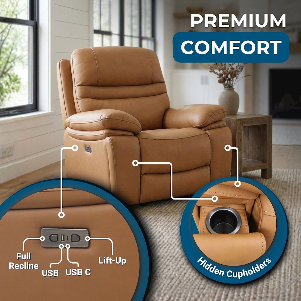 Leather Power Recliner Chair, Top Grain Upholstery, USB & USB-C, 360 lb Support. Picture 7