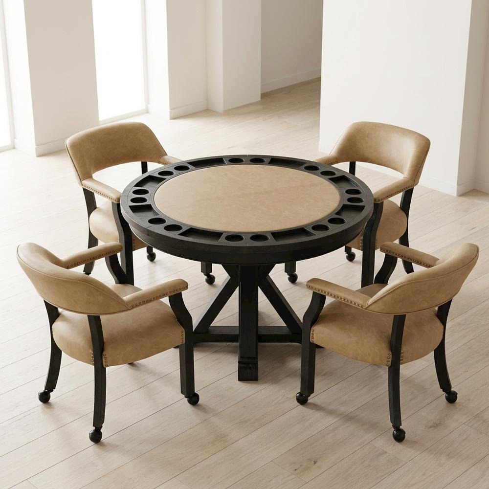 Vegan Leather Dining Table and Chairs with Reversible Game Top, Black. Picture 2