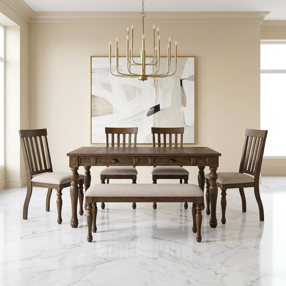 Wood Dining Table Set for 6 with Upholstered Chairs, Kitchen Table Set, Brown. Picture 5