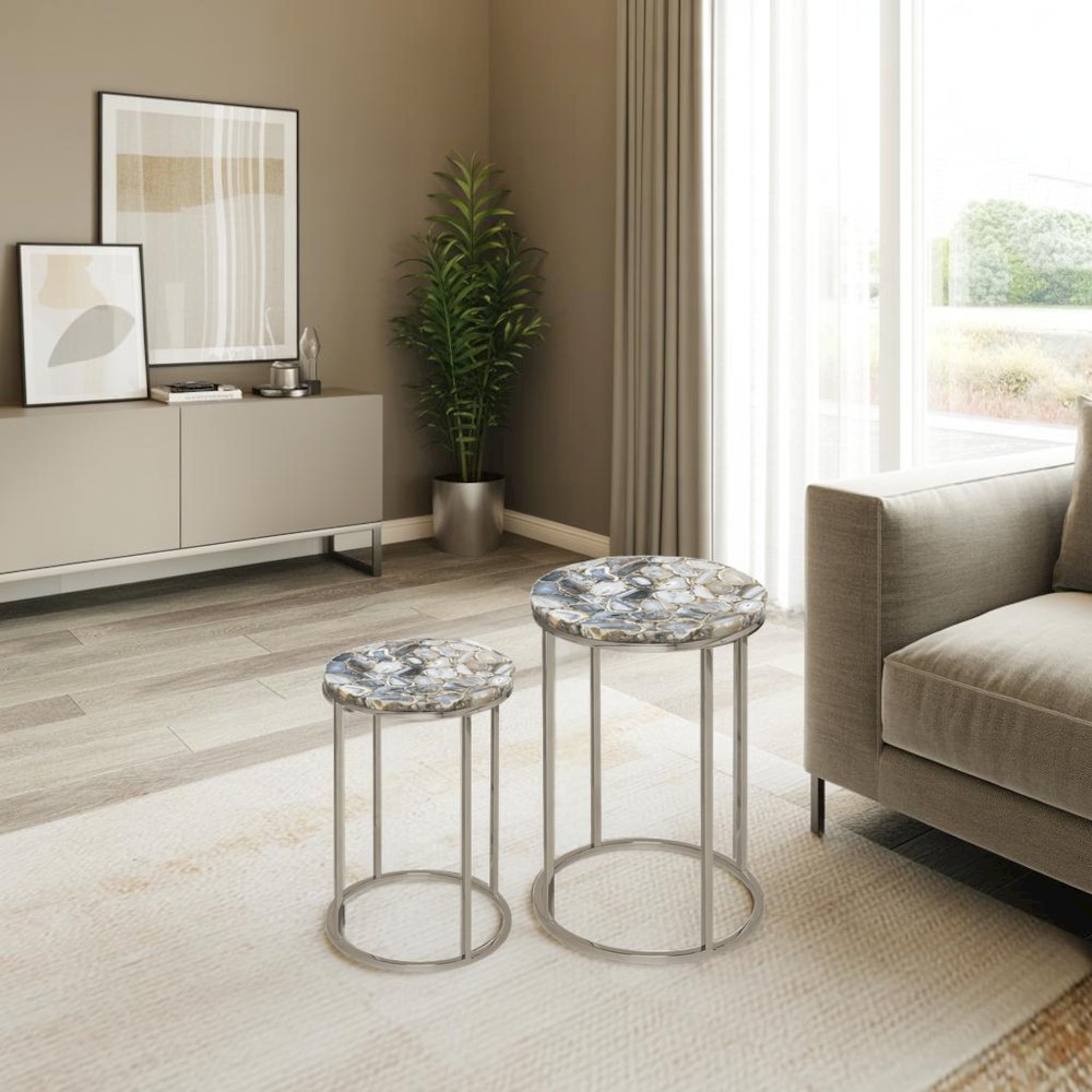 Nesting Side Tables – Living Room Tables with Agate Stone Tops and Wood Detail. Picture 2