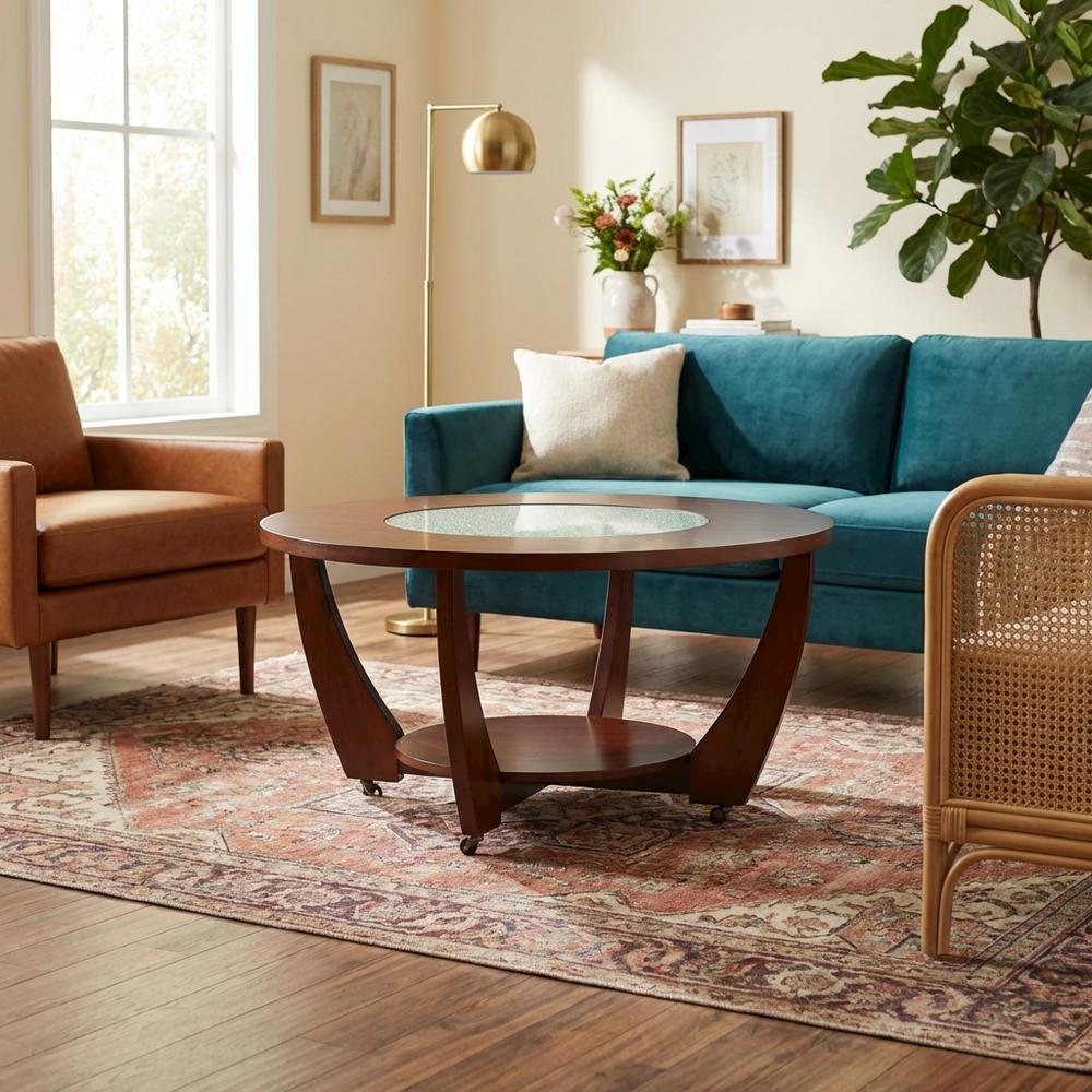 Merlot Cherry Cocktail Table with Casters and Modern Design. Picture 8