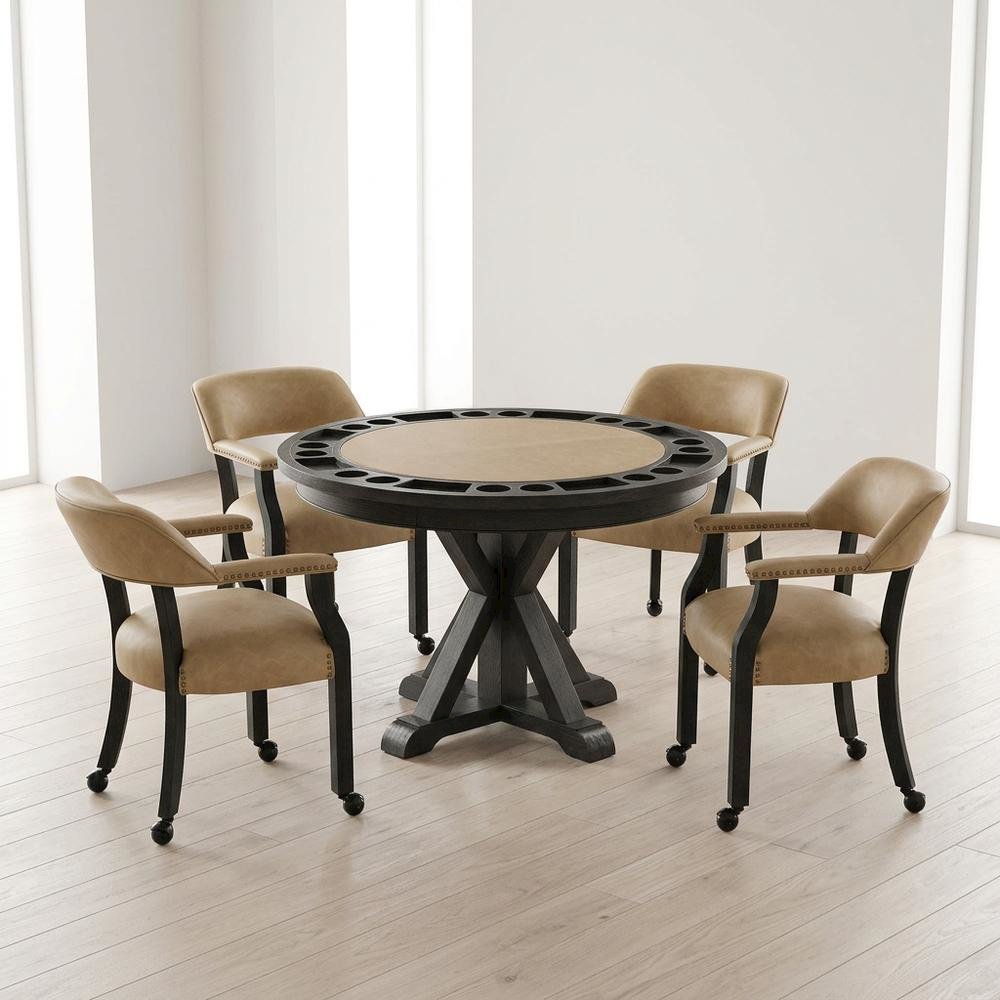 Vegan Leather Dining Table and Chairs with Reversible Game Top, Black. Picture 5