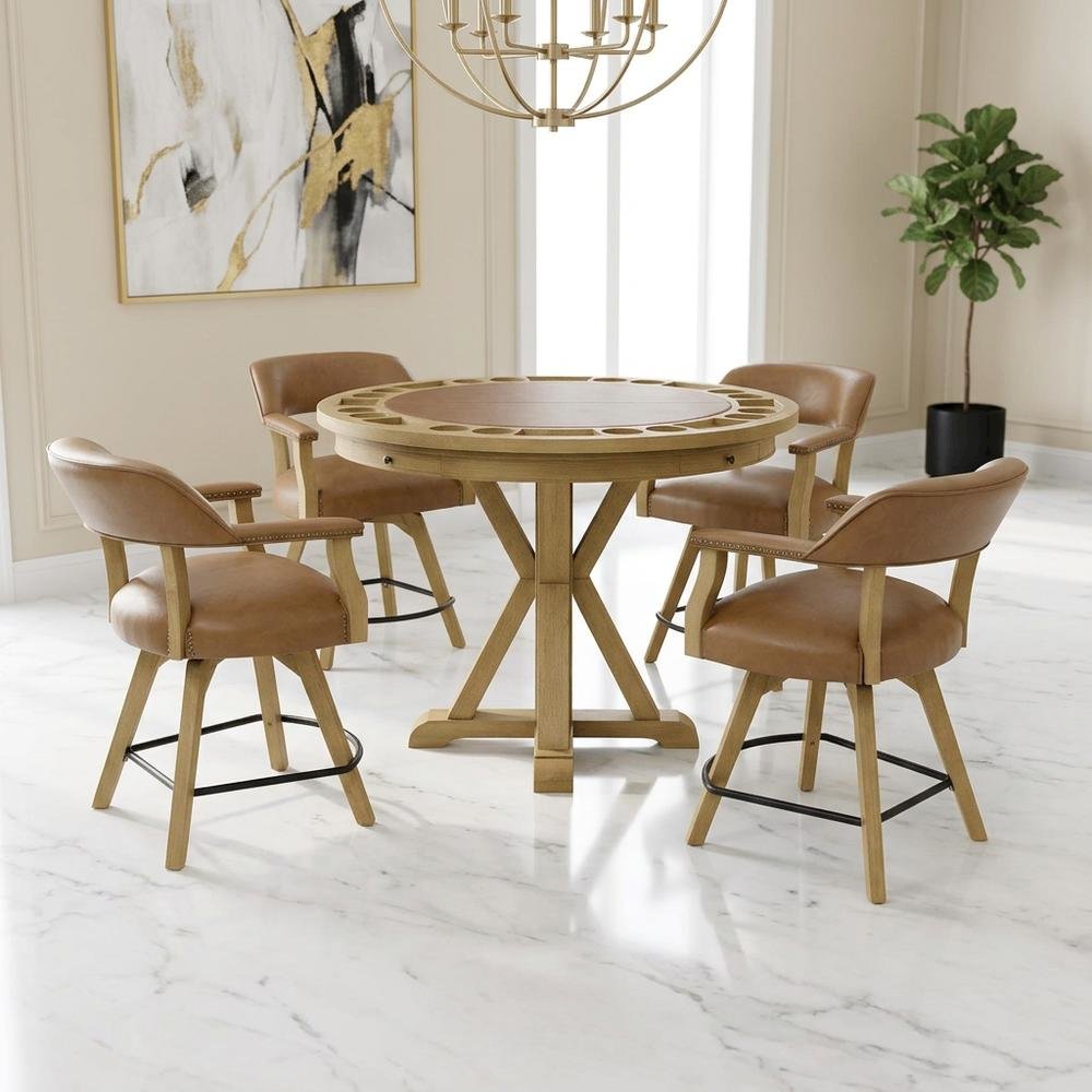 Faux Leather Counter Dining Set with Game Top, Poker Gaming Table and Chairs Set. Picture 2