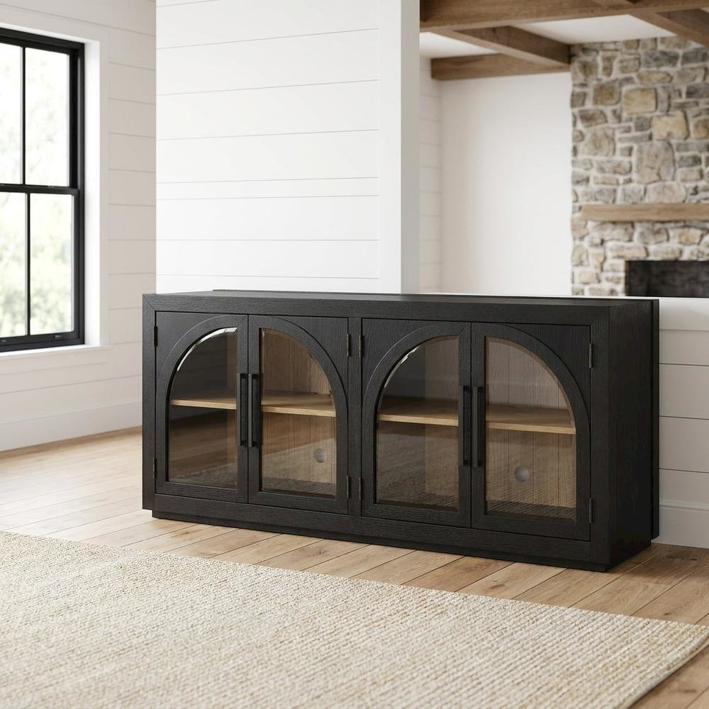 MDF and Rubberwood Buffet Cabinet with Cathedral Doors for Dining Room, Black. Picture 2
