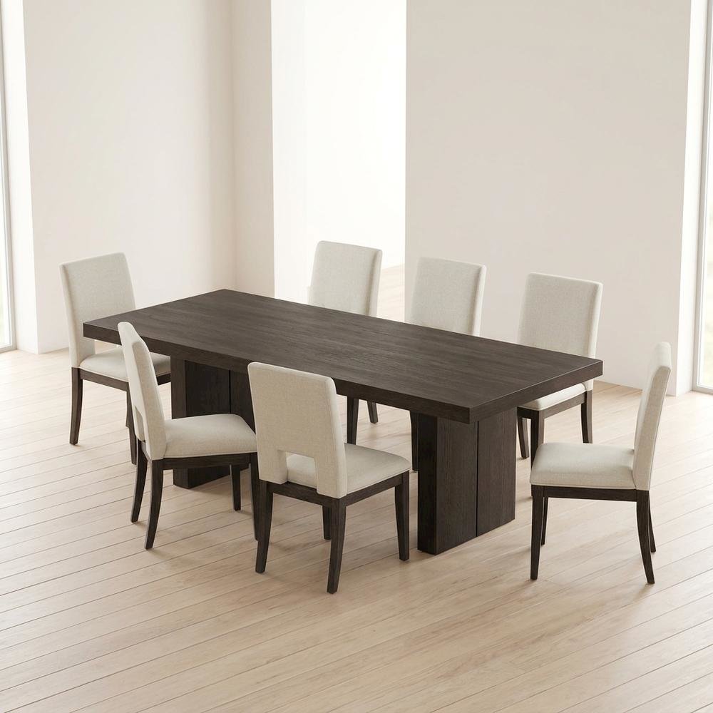 Rubberwood Extendable Dining Table and Linen-Look Upholstered Chairs Set, White. Picture 2