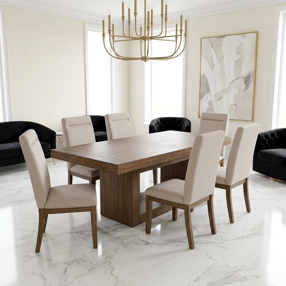 Acacia Wood Dining Table with Chairs, Kitchen Table Set for 6 Dining Room, Brown. Picture 5