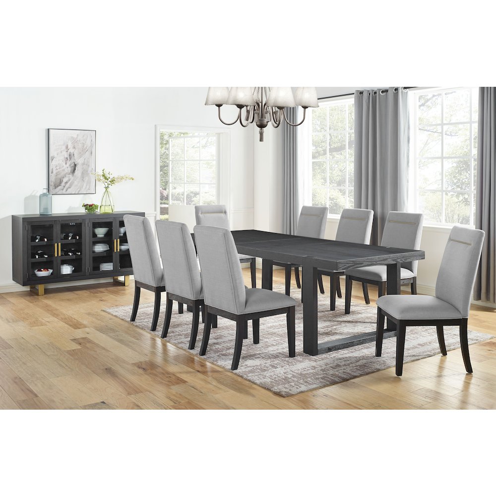 Yves Black Dining Table With 8 Grey Chairs and Server. Picture 5